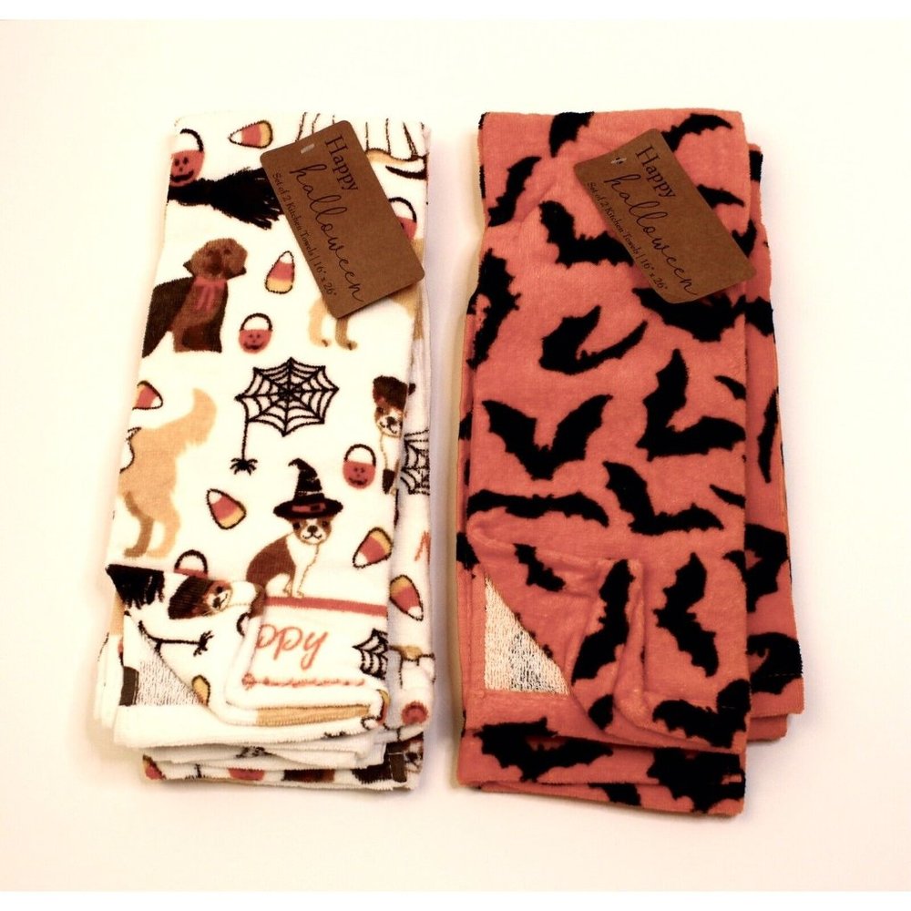 2 Sets Happy Halloween Kitchen Towels: 2- Flying Bats & 2- Doggies & Candy Corn